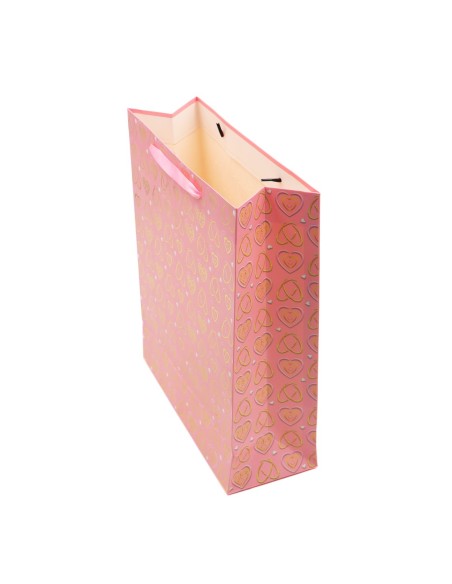 Sac Cadeau (M) Rose avec Motif Cœur en Feuille Dorée